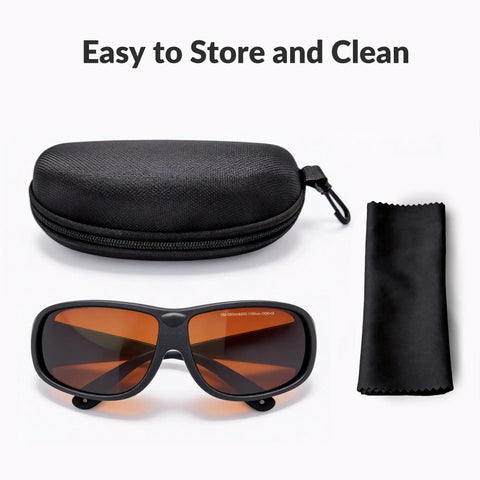 Rock Solid Laser Safety Goggles With Straight Up Hella Thick Lenses And Serious OD5 Plus Eye Defense with a protective case and cleaning cloth.