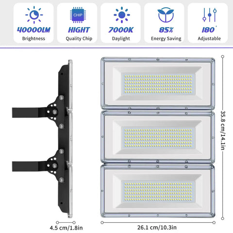 Side and front view of Beefy 300W LED Flood Light Twin Pack With 30000lm Stadium Style Daylight 7000K IP67 Waterproof Security Lights