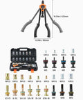Heavy Duty Rivet Nut Tool Kit With 13 Mandrels And 130 Nuts For M3 To M12 Sae Sizes Plus Metric Fasteners A Solid All In One Set Perfect For Auto Repair, Metalworking Projects And DIY Fixes Under The Hood. open case with 17 inch rivet nut tool and assorted mandrels