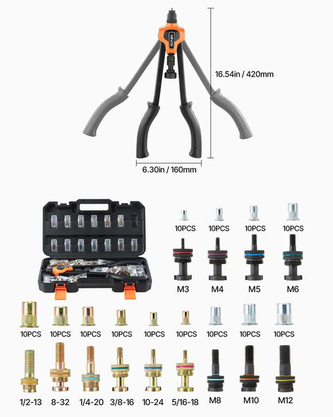 Heavy Duty Rivet Nut Tool Kit With 13 Mandrels And 130 Nuts For M3 To M12 Sae Sizes Plus Metric Fasteners A Solid All In One Set Perfect For Auto Repair, Metalworking Projects And DIY Fixes Under The Hood. open case with 17 inch rivet nut tool and assorted mandrels