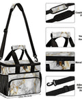Insulated Picnic Backpack With Marble Gloss Finish showing size, sturdy handle, metal zipper, adjustable shoulder strap