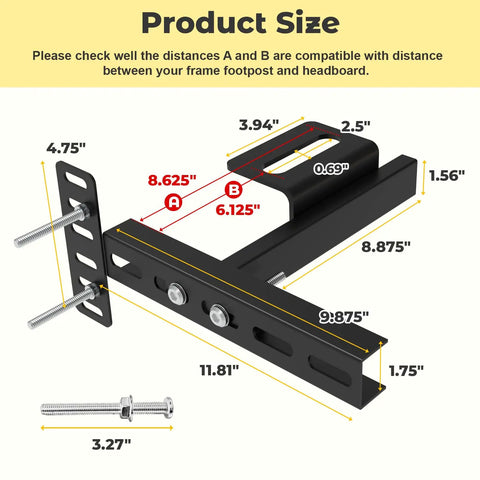 No Sweat Install Heavy Duty Headboard Brackets For Metal Bed Frame With Universal Adjustable Design showing product dimensions and mounting points.