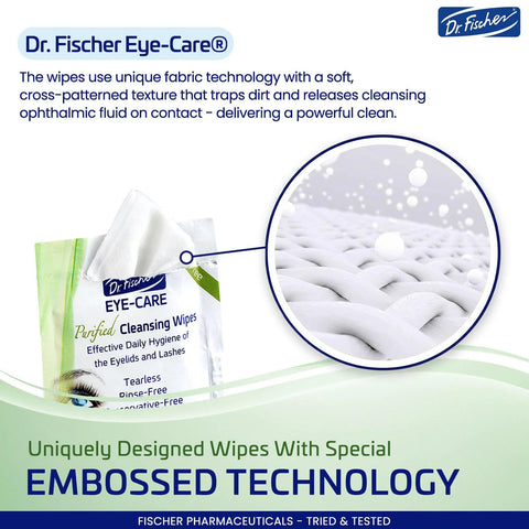 Front view of Dr. Fischer Eye-Care eyelid cleansing wipes packaging; close-up shows embossed fabric texture.