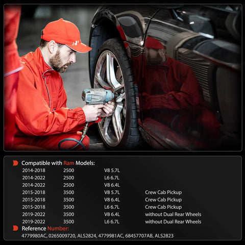 Mechanic installing Heavy Duty Rear ABS Wheel Speed Sensor Pair on Ram 2500 3500 Crew Cab Pickup in garage.