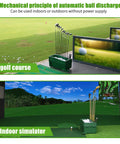 Automatic Golf Tee Machine With Ball Dispenser setups at indoor simulator and outdoor range on green grass.