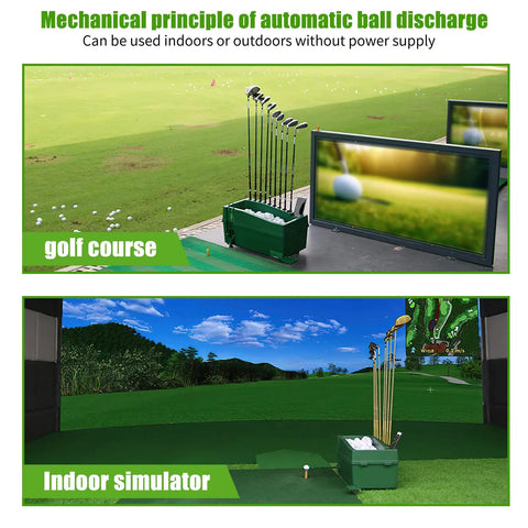Automatic Golf Tee Machine With Ball Dispenser setups at indoor simulator and outdoor range on green grass.