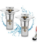Rock Solid Two Pack Bathroom Sink Stopper And Pop Up Drain Strainer Fits 1.06 To 1.5 Inch Pipes With Clog Proof Basket Filter That Catches Hair And Gunk For Quick Rinses In Brushed Silver, displayed with water splashes.