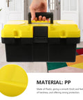 Badass Stackable Plastic Toolbox With Slick Removable Tray And Padlock Buckles To Lock It Down held by a person, showing yellow and black design.