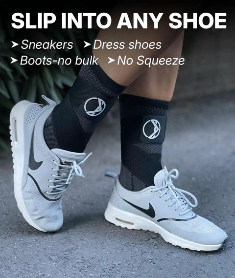 Person wearing Plantar Fasciitis Relief Ankle Compression Sleeve For Women And Men All Day Comfy Pain Relief And Swelling Reduction
