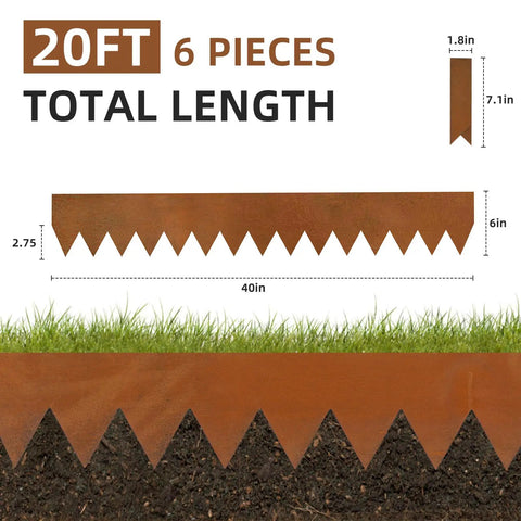 Weathering Steel Edging Kit Six Pack For Landscaping, Corten Steel Rust Patina Finish, 40 Inch Long By 6 Inch High Metal Border Edging, 20 Feet Total, with grass