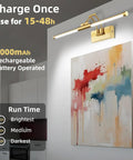 24 Inch Picture Light For Wall With 8000mAh Rechargeable Battery Wireless LED Light With Remote Dimmable 3000K 4000K 6000K No Fuss Setup Art Lighting For Paintings Frames And Gallery Brass Finish mounted above colorful abstract artwork in living room.