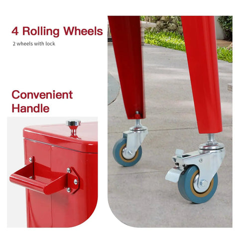 80 Quart Rolling Ice Chest With Wheels For Backyard BBQs And Parties, close-up of wheels and handle detail for mobility
