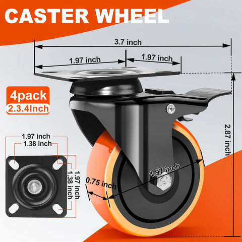 Heavy Duty 2 Inch Caster Wheels Set Of 4 Dual Lock Swivel Casters Beefed Up 600 Lb Capacity with detailed dimensions shown.