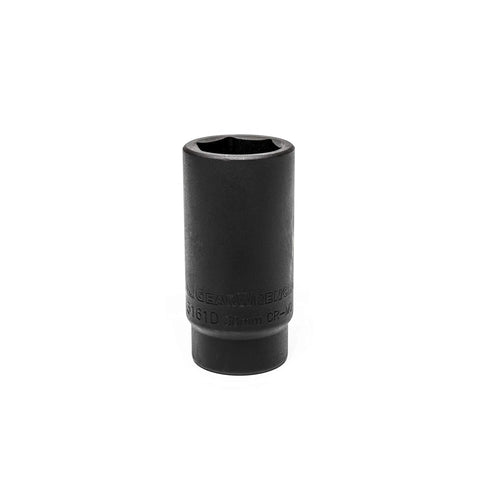 Close-up of a 7 Piece Axle Nut Set For One Half Inch Drive Deep Sockets With 6 Point Metric Sockets, black socket standing upright.