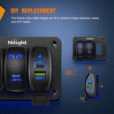 Rocker Switch Style USB Outlet Socket Panel Mount Dual USB Ports 5V 2.1A Each with PD Type-C Fast Charge Replacement or Add-On Charger for 12V-24V Vehicles, Phones, Tablets, Cameras, GPS, black panel with rocker switches