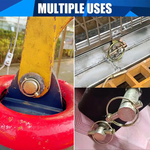 Beefed Up Heavy Duty Lynch Pin Set for 3 Point Hitch Pins securing equipment, trailer locks, and coupler pins shown in use