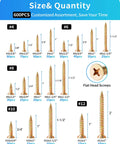 600 Piece Stainless Steel Wood Screws Kit With Zinc Plated Finish, Phillips Flat Head Self Tapping Screws, Sizes 4 To 12, Lengths 0.375 Inch To 2.0 Inches, 18 Common Sizes For DIY Projects, Furniture, Deck And General Repairs shown with various screw sizes and quantities.