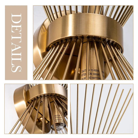 Close-up of mid century style wall sconce in antique brass with starburst shade, highlighting details and finish