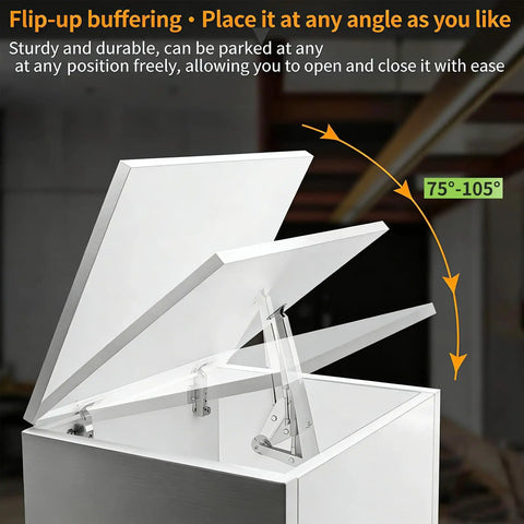 2 Pack 150N Gas Strut Hinges With No Slam Soft Close Hydraulic Support installed on a white box showing lid angles 75° – 105°