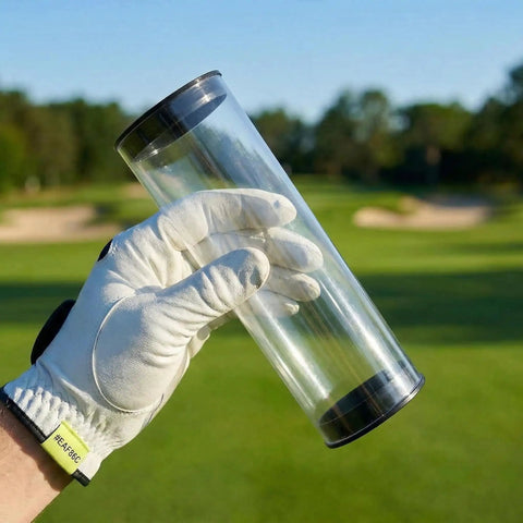 Gloved hand holding clear golf ball display tube with caps, see through PVC ball holder in outdoor setting
