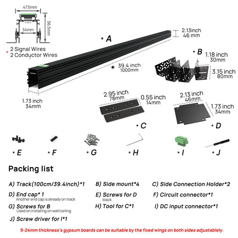 Low Profile 4 Wire Magnetic Track Lighting System Flush Mount Aluminum Rail 39.4 Inch Length With LED Head parts diagram