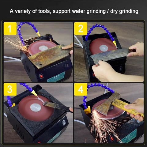 Heavy Duty Wet And Dry Bench Grinder Electric Knife Sharpener Tool With 350 Watts Power And 7 Speed Settings Up To 3350 Rpm during grinding process