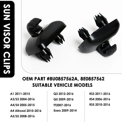 Audi Sun Visor Clip Replacement For Q5 And More ABS clips with compatible models list, shown in black