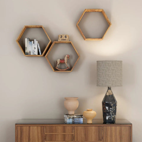 Living room with hexagonal wood shelves using Hidden Floating Shelf Brackets Set Of 8 For Thin Wood Shelves Silver Invisible Support.