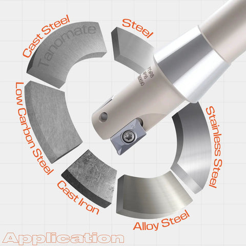 Nickel Plated 1 Inch Indexable End Mill With 5 27 32 Inch Overall Length 90 Degree R8 Shank Two Flutes Includes APKT1604 Carbide Inserts showing material applications