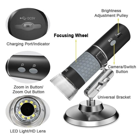 4K Wireless Digital Microscope Handheld HD USB Inspection Camera Endoscope With Stand, 50x To 1000x Magnification, Compatible With iPhone iPad Android Phone Tablet Windows Mac, Live View, Zoom, And Precise Micro Inspections. Black handheld microscope with stand, LED lens and controls.