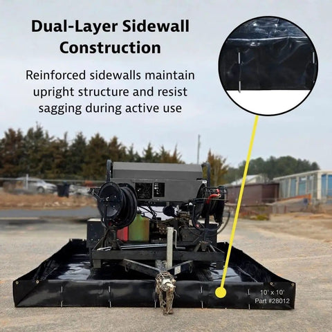 MightyBerm Fuel Spill Containment Berm, 6 Foot By 10 Foot Large With 12 Inch Walls, 448 Gallon Capacity For Temporary Secondary Containment Of Oil, Fuel, And Chemical Spills, Made In The USA, Black, 28011, shown with reinforced sidewall construction.