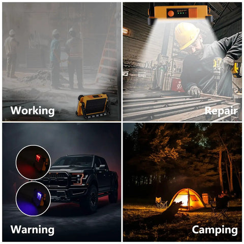 Rechargeable Solar Powered 120W LED Work Light with 144 LEDs and 10000 Lumen Output showing modes for working, repair, warning, camping