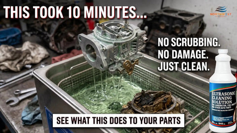 Top Notch Ultrasonic Cleaner Fluid For Carburetors And Engine Parts, cleaning carburetor in stainless tank.