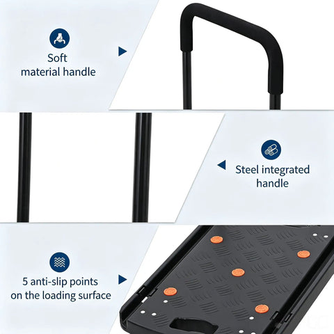 Heavy Duty Folding Hand Truck Featuring Four Sturdy Casters And Rock Solid Aluminum Handles For Zero Hassle Moving Up To 330 Pounds Without A Sweat On Any Project with soft and steel integrated handles and anti-slip surface.