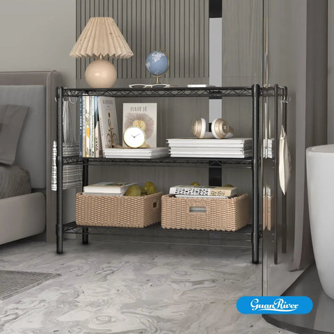 Adjustable Three Tier Metal Wire Shelving Unit In Sleek Black With Flexible Height Configuration Easy Peasy Assembly holding books and decor.