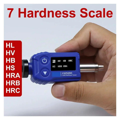 Handheld blue LS252DC Leeb Hardness Tester displaying 7 hardness scales for metal grading uses. Tough As Nails And Ridiculously Lightweight DC Impact Device Leeb Hardness Tester For Metal Grading Fast Shots Confined Area Testing Works Like A Dream Dual Coil Digital Gauge Pro Tool.