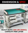 Heavy Hitter Anti Static Mobile Workbench Aluminum Utility Cart On Smooth Swivel Wheels Top Shelf ESD Pad detailed specs image with dimensions.