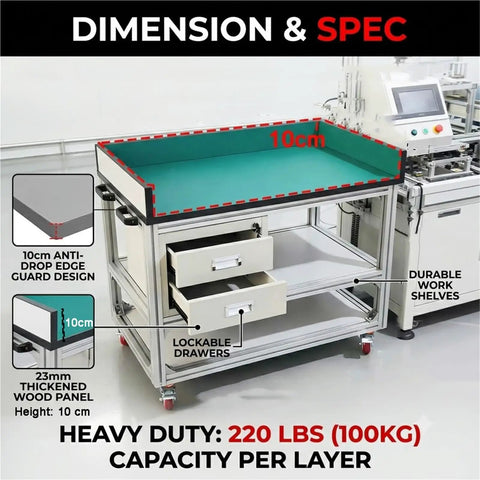 Heavy Hitter Anti Static Mobile Workbench Aluminum Utility Cart On Smooth Swivel Wheels Top Shelf ESD Pad detailed specs image with dimensions.