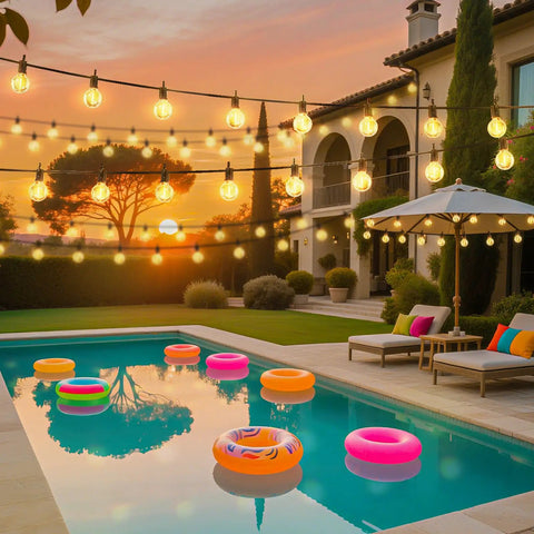 Solar Outdoor String Lights 38 Feet With 15 LED G40 Shatterproof Bulbs Waterproof illuminating a backyard pool area at sunset