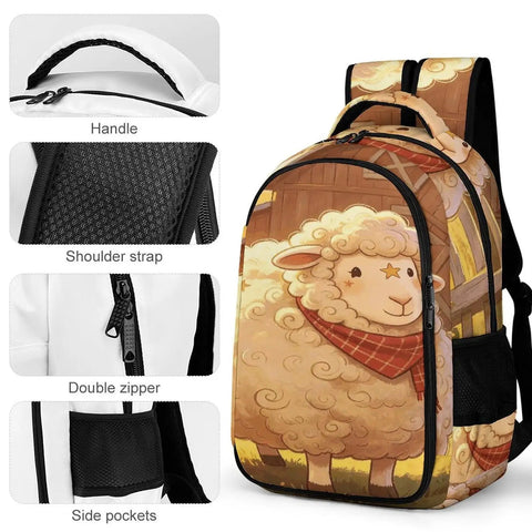 Farmhouse Lamb Print Backpack For Everyday Carry, unisex large capacity daypack, featuring durable polyester, handle, straps, zipper