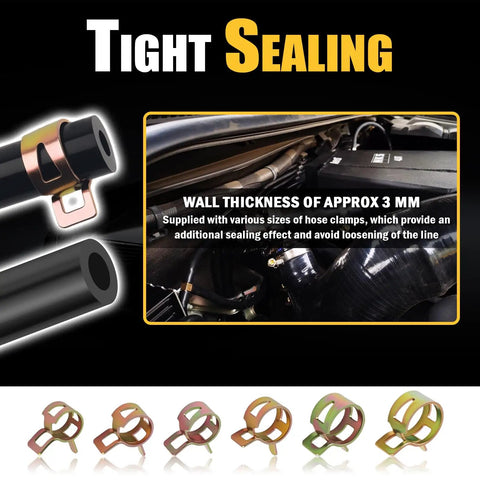 Six Piece Five Foot Silicone Vacuum Hose Kit With Sizes From One Eighth To Three Eighths Inch Includes Twenty Four Hose Clamps And Sixty Four Connectors The Easy Automotive Vacuum Line Repair Set For DIY Projects And Car Maintenance showing hose clamps and engine setup