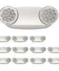 12 Pack LED Emergency Light Fixtures Boasting Rock Solid Battery Backup And Iconic Bug Eye Lenses in compact white design.