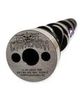 Front view of a Chopacabra camshaft end with engraved logo and three holes in the silver metal