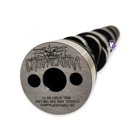 Front view of a Chopacabra camshaft end with engraved logo and three holes in the silver metal