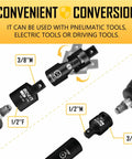 Impact Socket Adapter And Reducer Set For SAE Sizes One Quarter Through Three Quarters Inch With CR-MO Steel Construction And Universal Joint Including Drive Adapters And Reducers For One Quarter, Three Eighths, One Half, And Three Quarters Inch Tools In shown with conversion sizes.