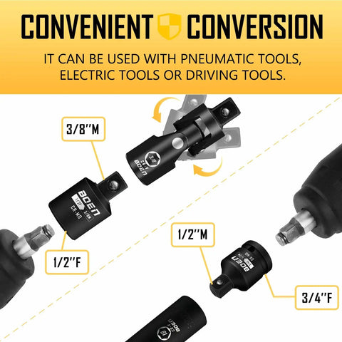 Impact Socket Adapter And Reducer Set For SAE Sizes One Quarter Through Three Quarters Inch With CR-MO Steel Construction And Universal Joint Including Drive Adapters And Reducers For One Quarter, Three Eighths, One Half, And Three Quarters Inch Tools In shown with conversion sizes.