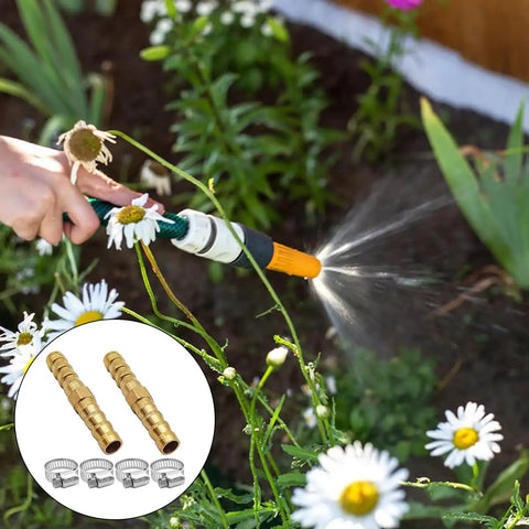 Brass Hose Barb Fittings Repair Kit for Water, Fuel and Air Lines with brass splicer menders and pipe clamps in garden use.