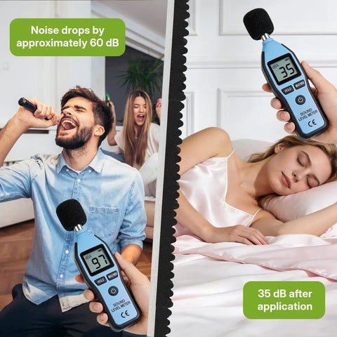 Sound level meter measuring noise levels at 93 dB in a lively room; shows drop to 35 dB after sound treatment application.