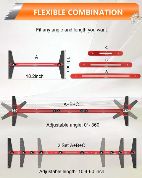 Adjustable Stair Tread Template Tool And Woodworking Stair Gauge Jig Expands From 10.5 To 60.5 Inches showing flexible combination with 360-degree angles.