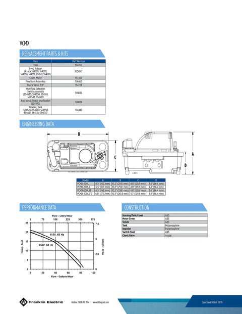 Technical specifications of High Efficiency Condensate Removal Pump For HVAC And Dehumidifiers 84 GPH 115 Volt One Thirtieth HP